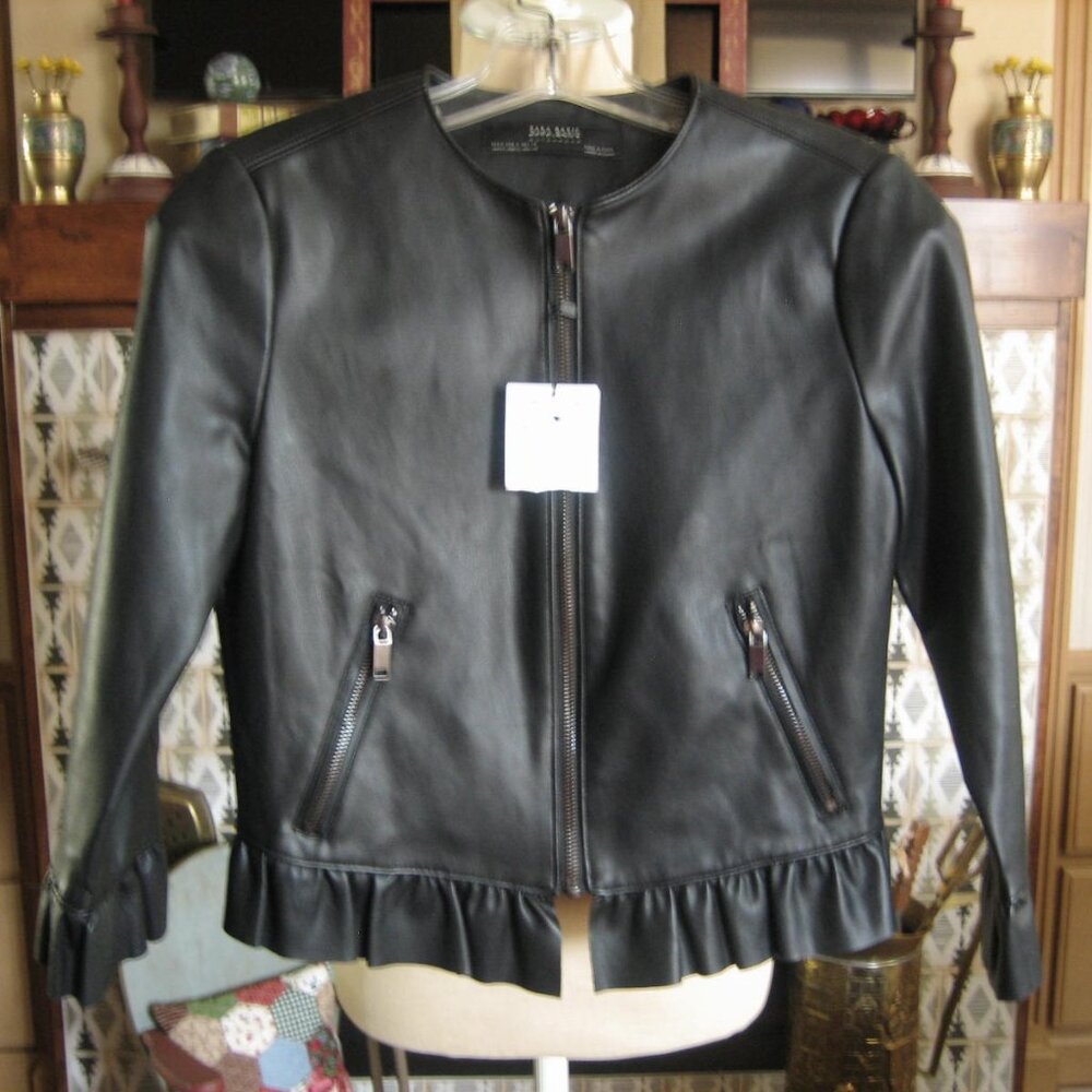 Zara Basics Outerwear Black Faux Leather Peplum Ruffle Moto Jacket Women’s S NEW